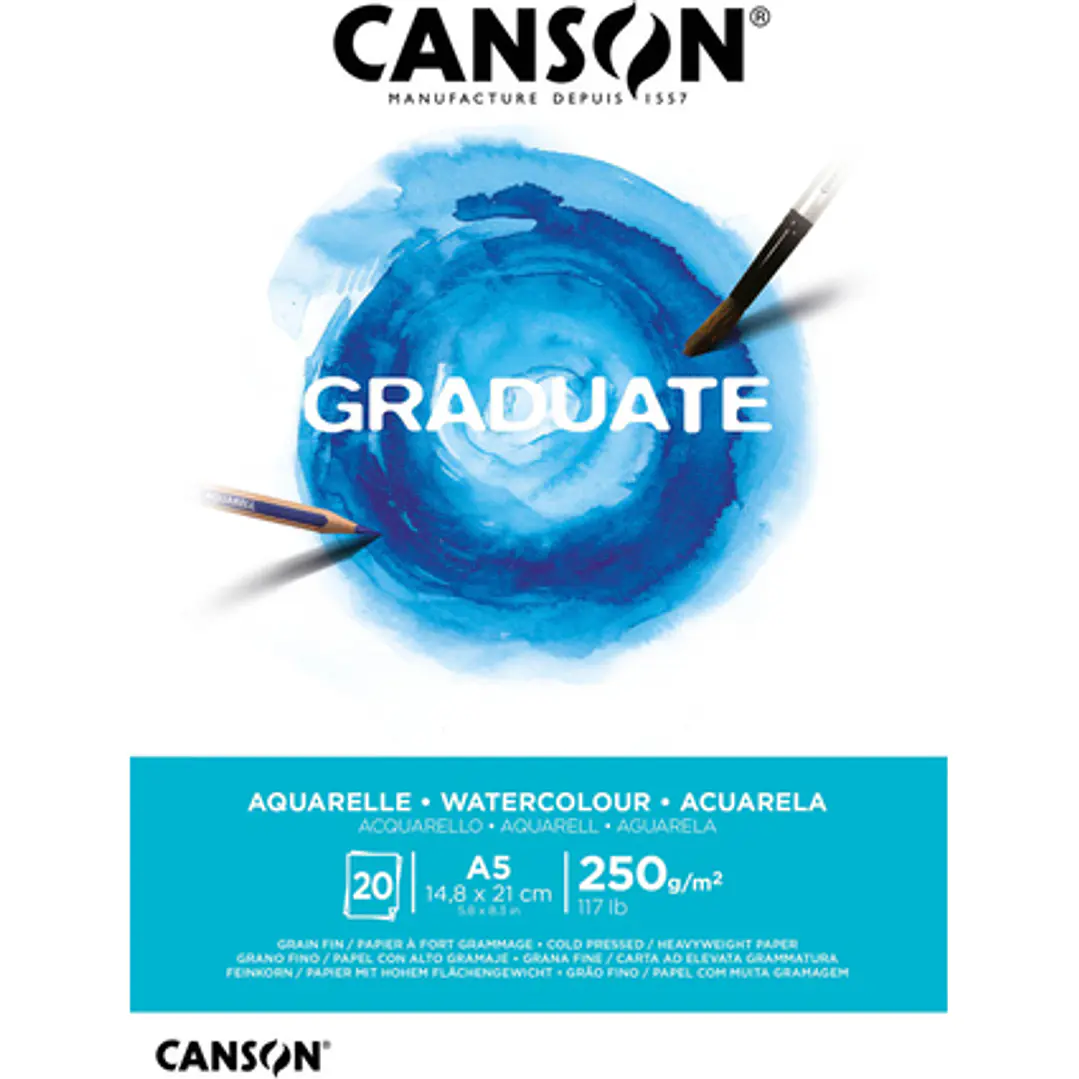 Canson Graduate Acuarela Bloc Encolado de 20 Hojas A5 - 250g - Grano Fino - Color Blanco 1