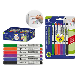 Bismark Pack de 6 Rotuladores para Pizarra Blanca - Punta Fina - Tinta de Secado Rapido - Borrado Facil - Colores Surtidos