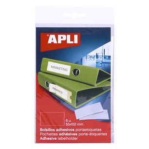 Apli Bolsillos Adhesivos para Etiquetas - 55 x 102mm - Cambia la Informacion de la Etiqueta Segun tus Necesidades - Contiene 6 Bolsillos por Bolsa