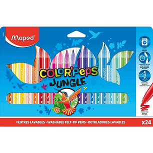 Maped Color´Peps Jungle Pack de 24 Rotuladores con Punta Media Bloqueada 2mm - Ojival, Suave y Flexible - Tinta Lavable - Colores Surtidos