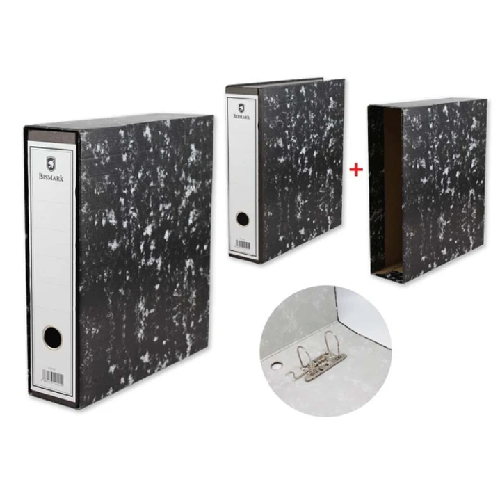Bismark Archivador A-Z Jaspeado A4 con Funda - Lomo 75mm - Carton Forrado - Tarjetero en el Lomo - Mecanismo de Palanca - Color Negro Jaspeado 1