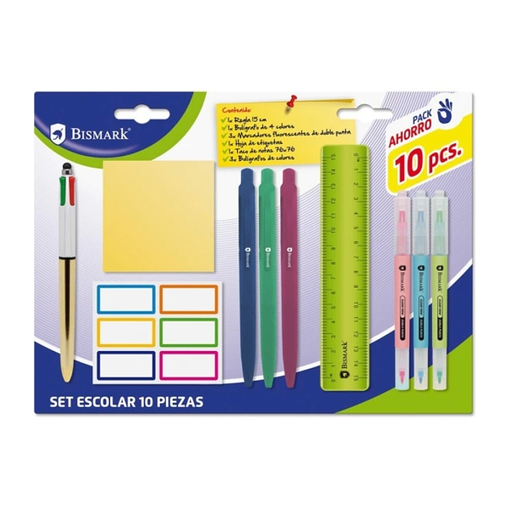 Bismark Pack Escolar con Regla Flexible 15cm, Boligrafo 4 Colores, 3 Marcadores Fluorescentes Doble Punta, Taco Notas Adhesivas 76x76, Hoja de Etiquet 1