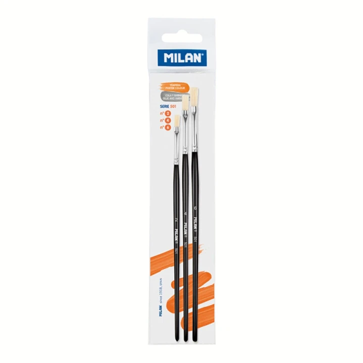 Milan 501 Pack de 3 Pinceles Planos - Cerda Natural - Formatos Surtidos - Color Negro 1