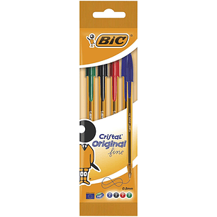 Bic Cristal Original Fine Pack de 4 Boligrafos de Bola - Punta Redonda de 0.8mm - Trazo de 0.30mm - Tinta con Base de Aceite - Translucido - Colores S