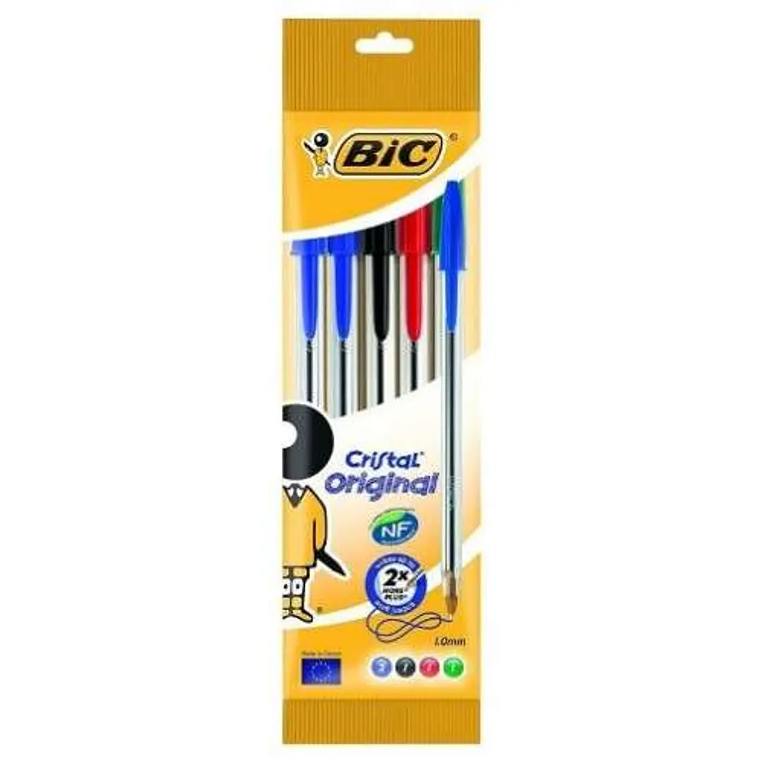 Bic Cristal Original Pack de 5 Boligrafos de Bola - Punta Redonda de 1.0mm - Trazo 0.4mm - Tinta con Base de Aceite - Colores Surtidos 1