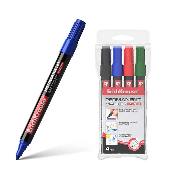 Erichkrause Pack de 4 Marcadores Permanente P-200 - Punta en Forma de Bala - Resistente al Daño y La Abrasion - Ancho de Escritura de 0.8 a 2.2 mm - N 1