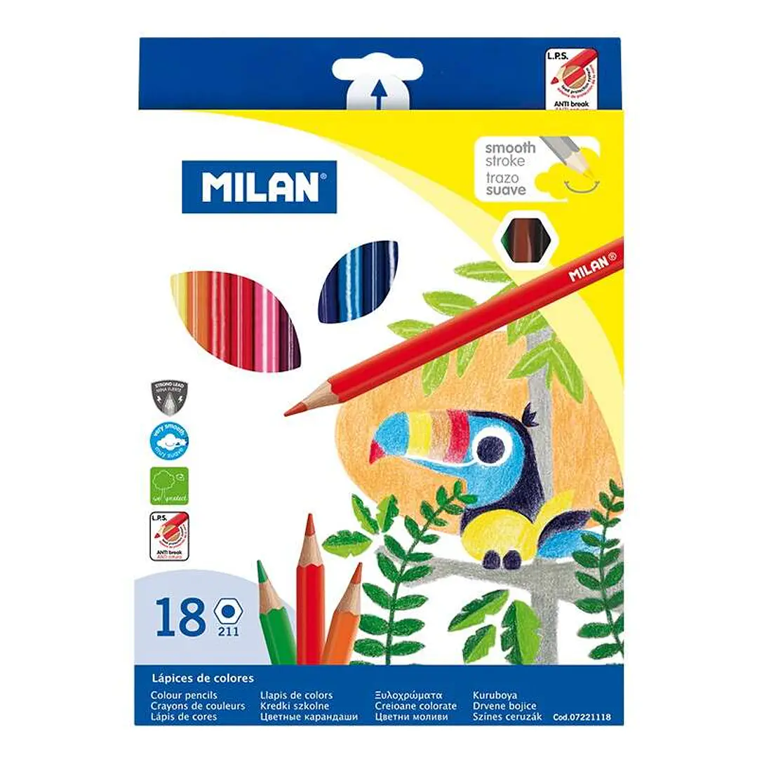 Milan Pack de 18 Lapices Hexagonales de Colores - Mina 2.9mm - Trazo Uniforme - Resistente a la Rotura - Colores Surtidos 1