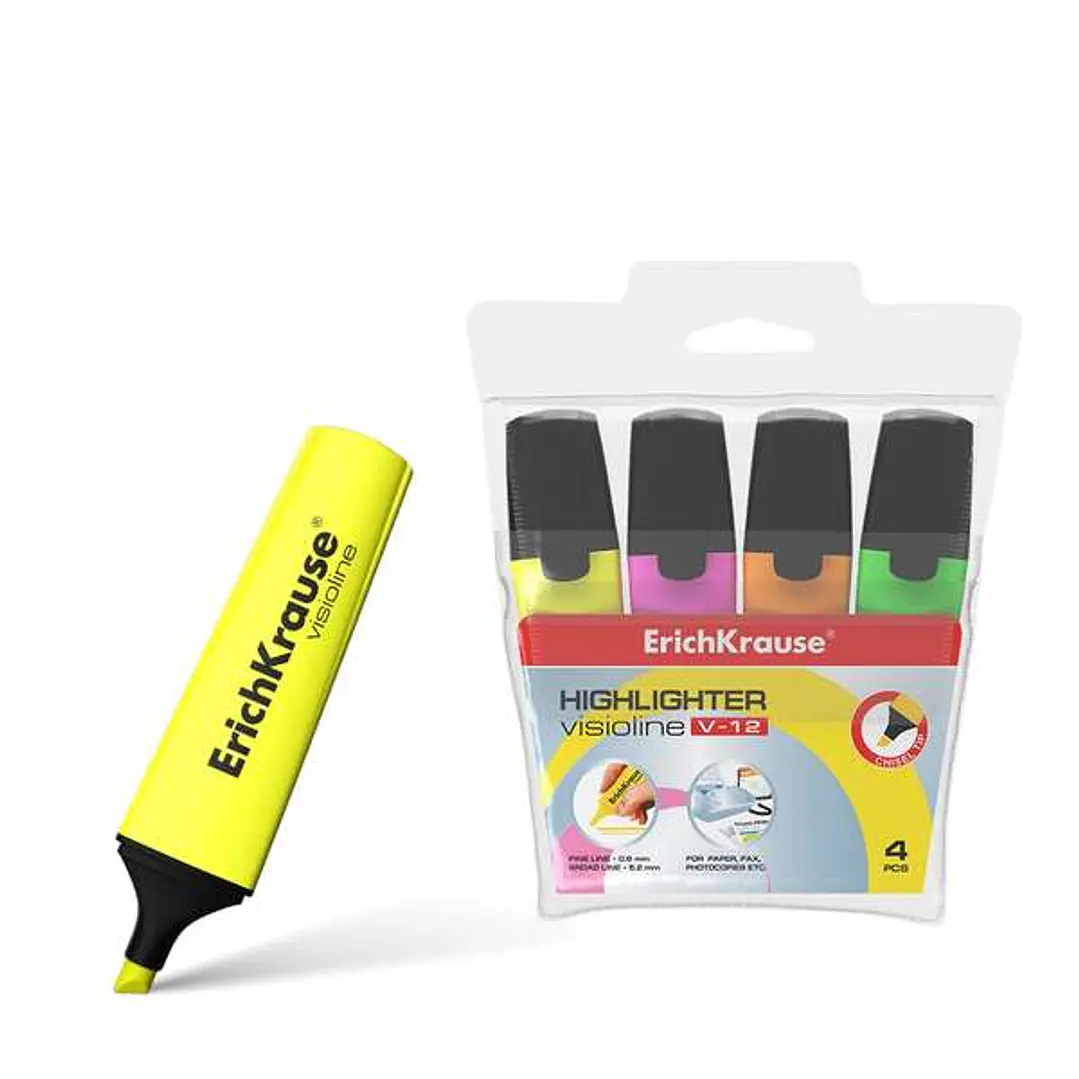 Erichkrause Visioline V-12 Pack de 4 Marcadores Fluorescentes - Punta Biselada - Tinta a Base de Agua - Colores Naranja, Rosa, Verde y Amarillo 1