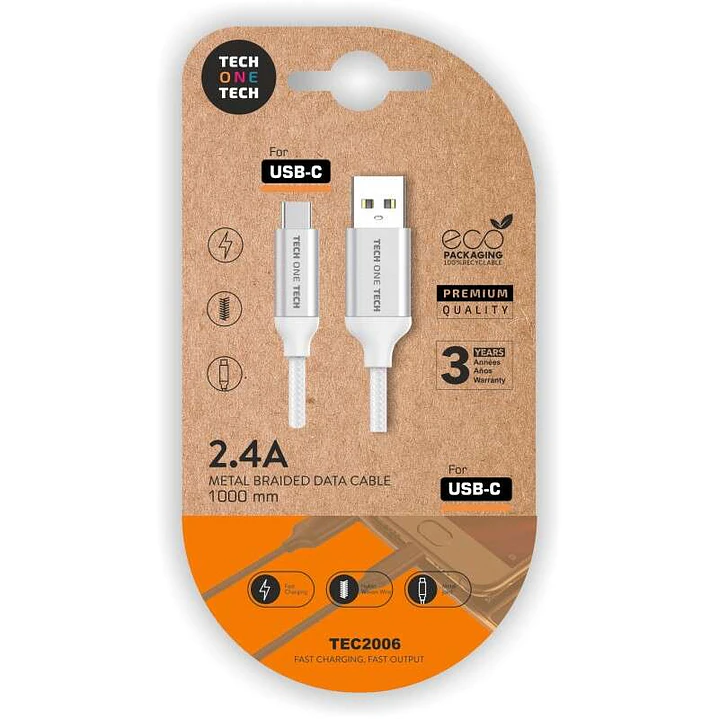 TechOneTech Cable USB-A Macho a USB-C Macho - Recubierto de Nylon Trenzado - Longitud 1m 1