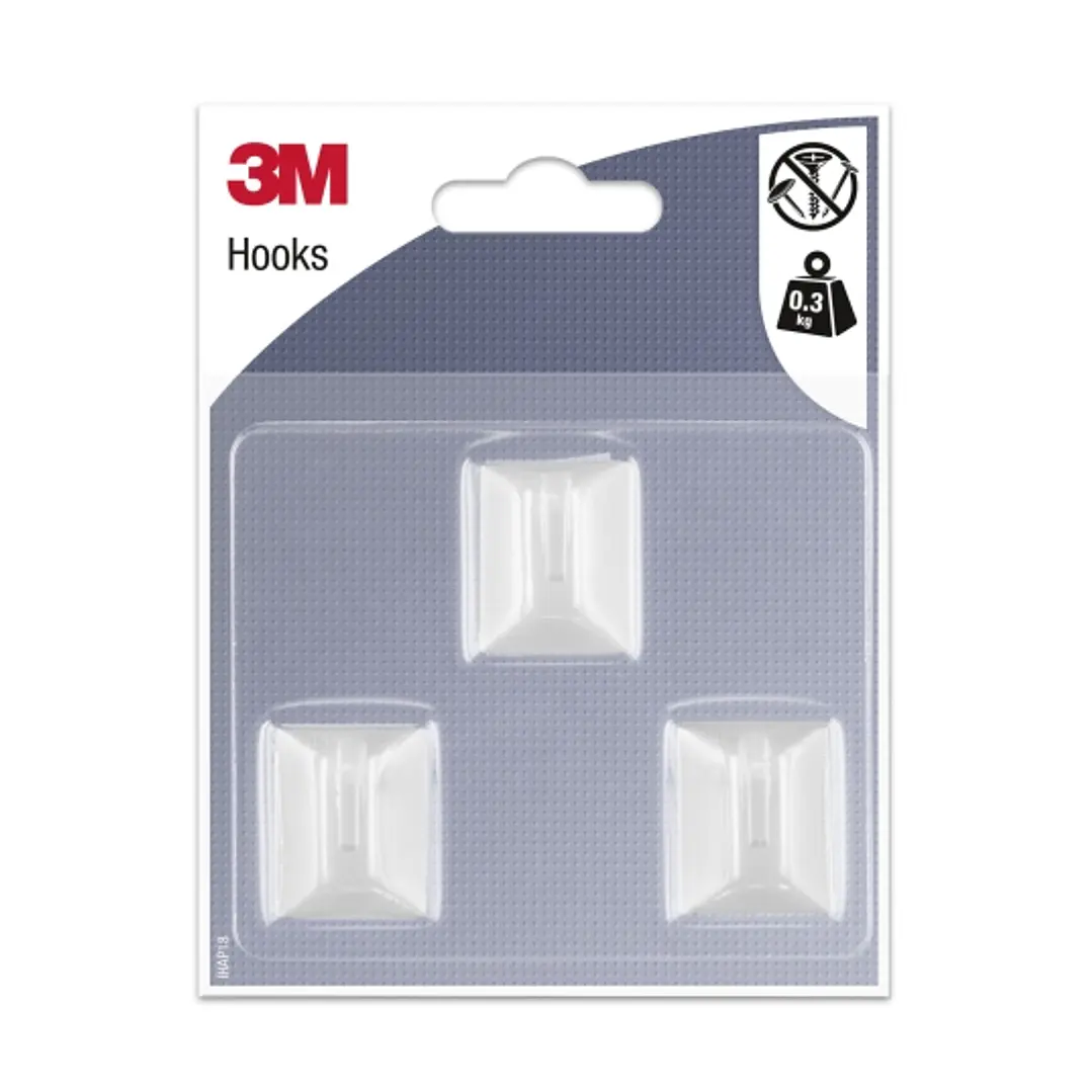 3M Pack de 3 Ganchos Adhesivos Rectangulares - Formato S - Soporta hasta 0.3kg - Color Blanco 1