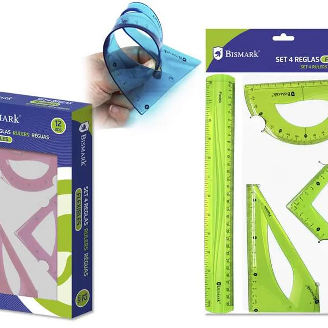 Bismark Pack de 4 Reglas Flexibles - Regla Recta - Transportador - Escuadra - Cartabon - Colores Surtidos 1