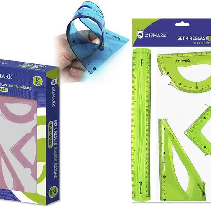 Bismark Pack de 4 Reglas Flexibles - Regla Recta - Transportador - Escuadra - Cartabon - Colores Surtidos 1