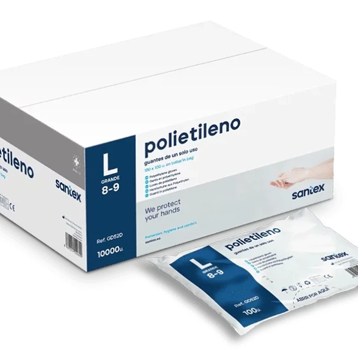 Santex Polietileno Pack de 100 Guantes de Polietileno Talla L - Sin Polvo - Libre de Latex - No Esteriles - Transparentes 1