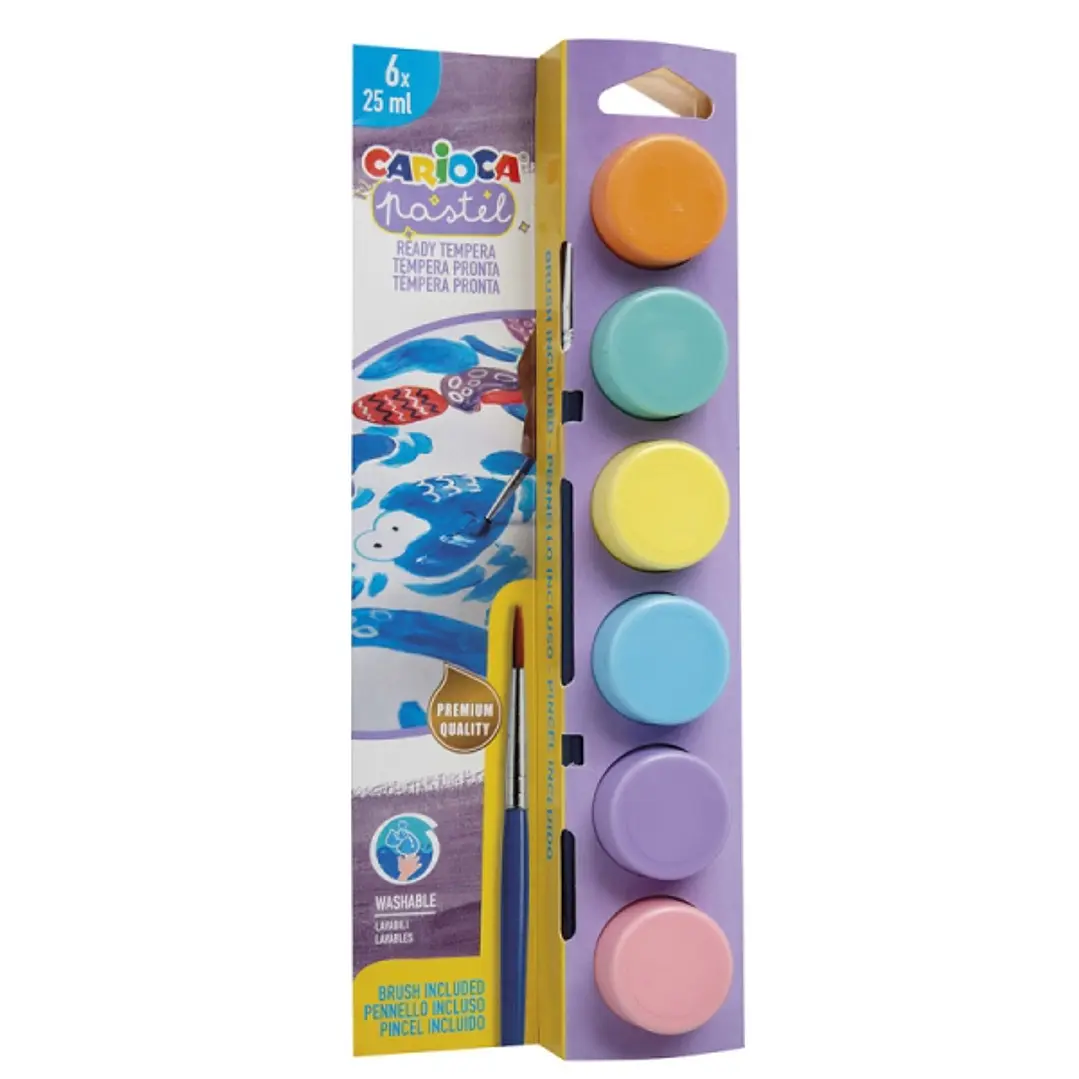 Carioca Pastel Pack de 6 Temperas en Botes de 25ml + Pincel - Superlavables - Mezclables - Colores Pastel Surtidos 1