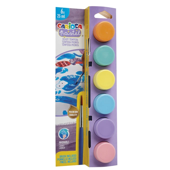 Carioca Pastel Pack de 6 Temperas en Botes de 25ml + Pincel - Superlavables - Mezclables - Colores Pastel Surtidos 1