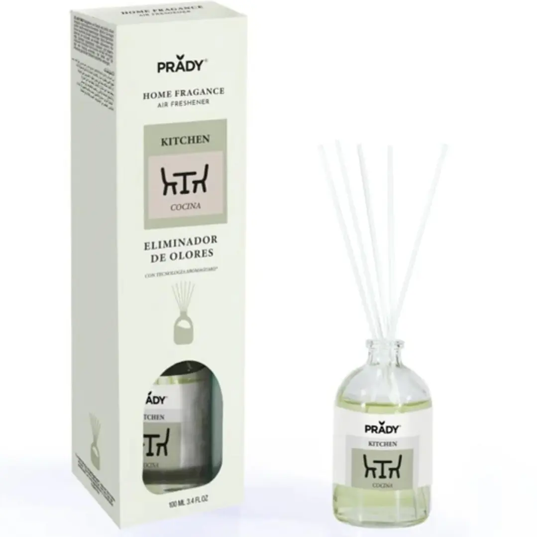 Prady Ambientador Mikado Neutralizador de Olores Para Cocina - Frasco de Cristal 100 ml y Varitas Difusoras 1