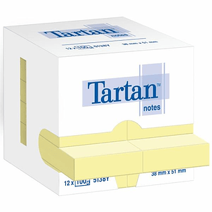 Tartan Pack de 12 Blocs de 100 Notas Adhesivas Reposicionables 51x38mm - 100% PEFC - Color Amarillo Claro