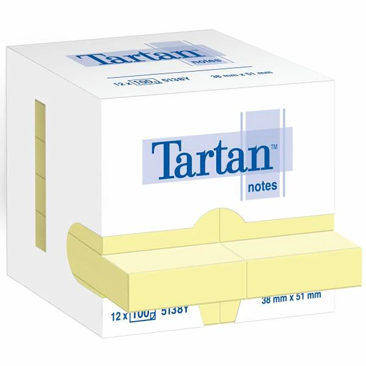 Tartan Pack de 12 Blocs de 100 Notas Adhesivas Reposicionables 51x38mm - 100% PEFC - Color Amarillo Claro 1