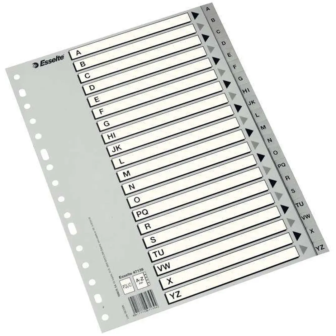 Esselte Indice Abecedario de Plastico con Caratula Indice A4 - Tipo A-Z - Cartulina Indice: Carton Blanco y Negro Gris - Color Gris 1