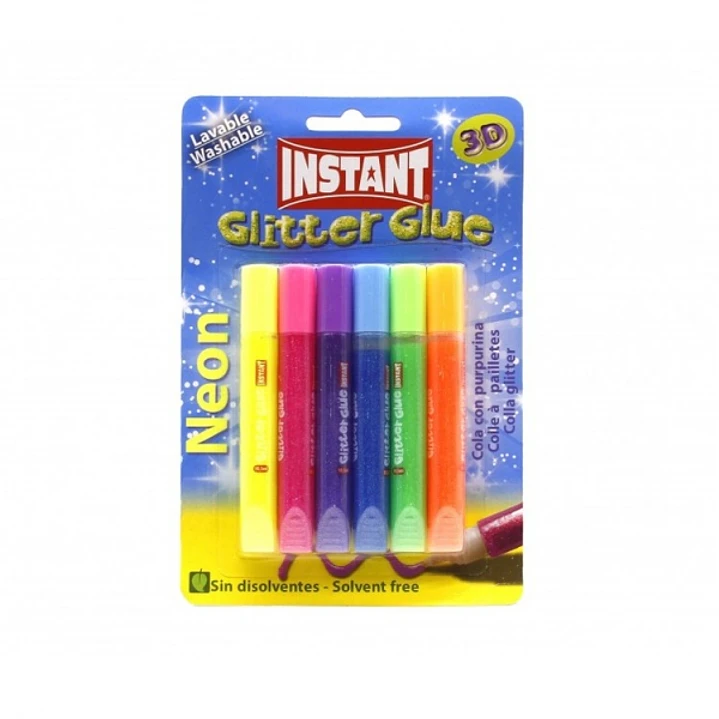 Instant Glitter Glue Neon Pack de 6 Tubos de Pegamento con Purpurina 10.5ml - Para Distintas Superficies - Sin Disolventes - Colores Neon Surtidos 1
