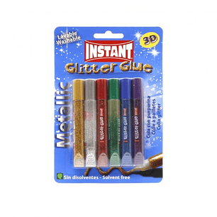Instant Glitter Glue Metallic Pack de 6 Tubos de Pegamento con Purpurina 10.5ml - Para Distintas Superficies - Sin Disolventes - Colores Metalicos Sur