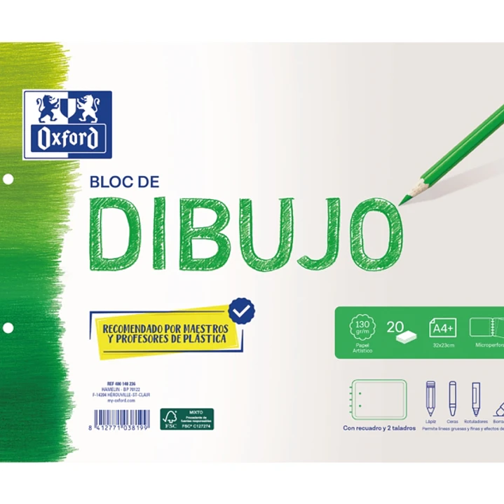 Oxford Dibujo Escolar Bloc Espiral Dibujo A4+ - Tapa Blanda/Contratapa Rigida - 20 Hojas 130gr - con Recuadro y 2 Taladros 1