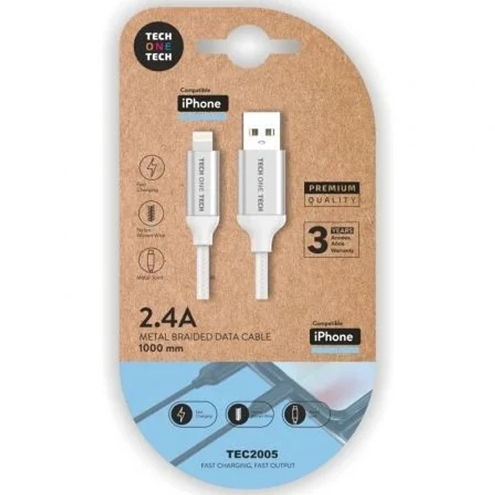 TechOneTech Cable USB-A Macho a Lightning Macho 1m - Recubierto de Nylon Trenzado 1