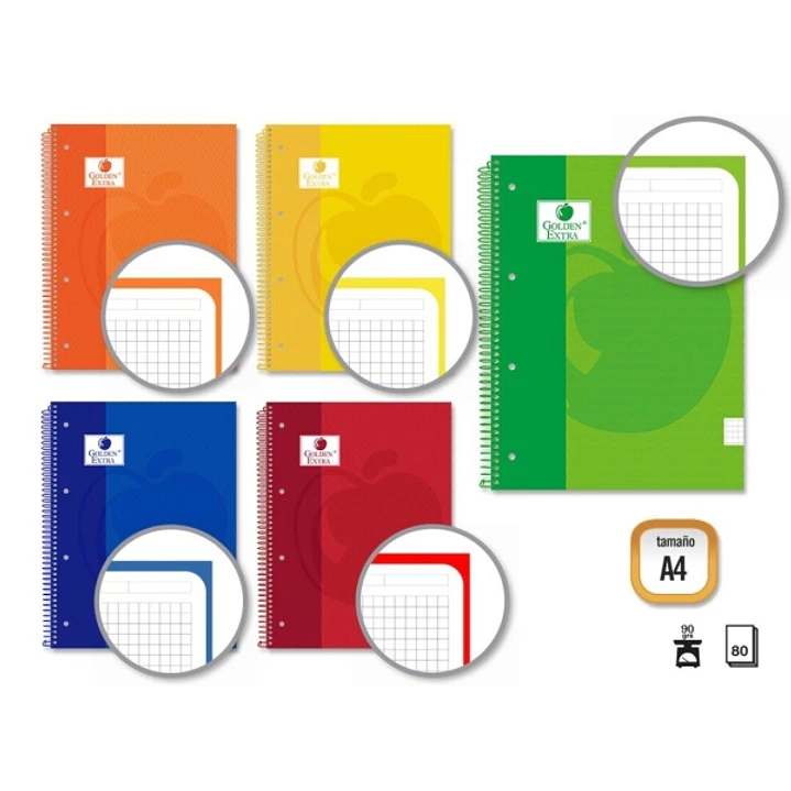 Golden Extra Cuaderno Espiral A4 80 Hojas 90grs Cuadricula 5x5 - Hojas Microperforadas con Banda de Color - Tapa Extradura Forrada - Colores Surtidos 1