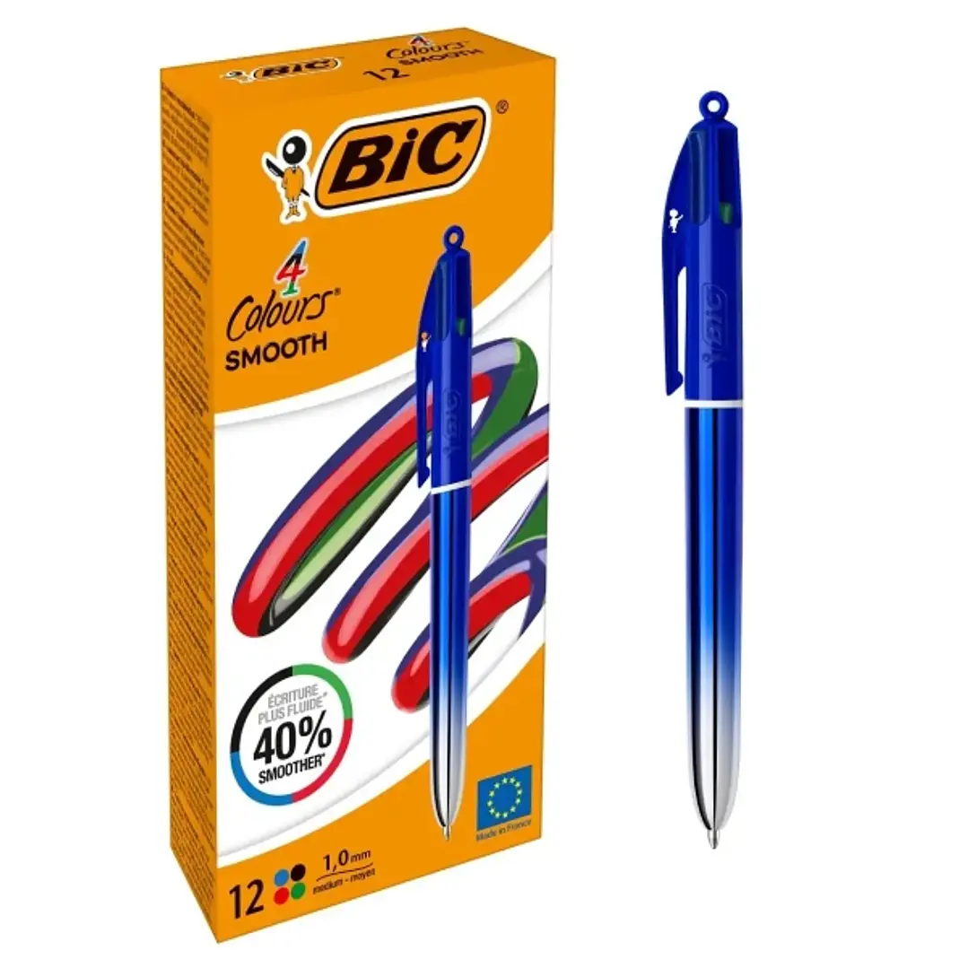 Bic 4 Colours Smooth Gradient Azul Boligrafo de Bola Retractil - Punta Media de 1.0mm - Escritura un 40% mas Suave - 4 Colores 1
