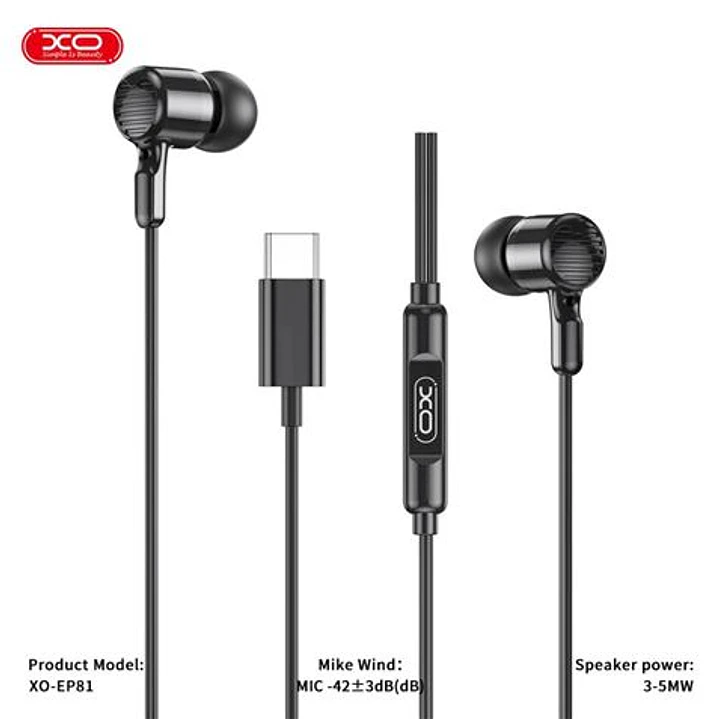 XO EP81 Auriculares Intrauditivos con Microfono - Conexion USB-C - Cable de 1.20m - Color Negro 1
