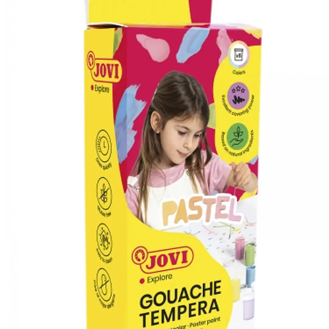 Jovi Gouache Tempera Estuche de 6 Botes 15ml Tempera Escolar - Colores Pastel + Pincel - Mezclables - Incluye Pincel - Color Surtido 1