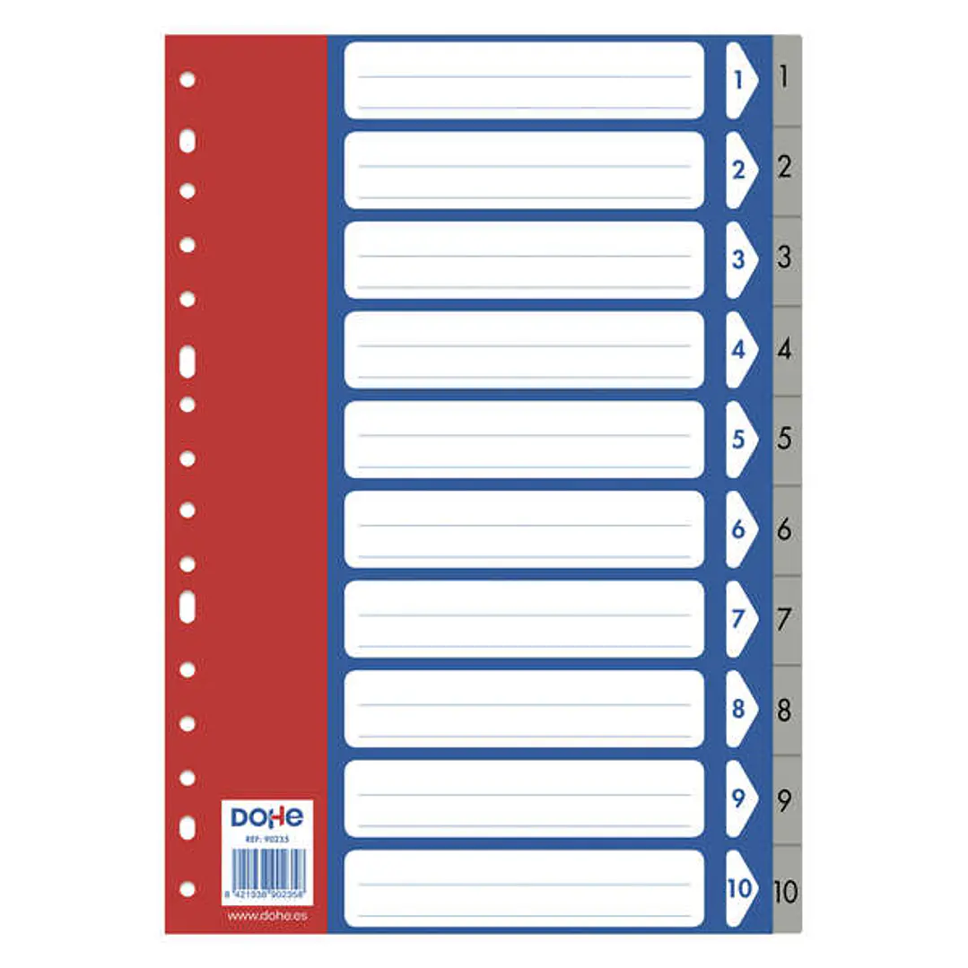 Dohe Pack de 10 Separadores Formato Folio - Multitaladro de 16 Perforaciones - Fabricado en Propileno 120 Micras - Color Gris 1