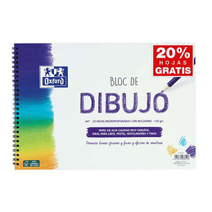 Oxford Bloc de Dibujo Escolar Espiral Formato A4+ con Reacuadro - 20 Hojas Microperforadas 130gr Color natural - Papel de Superfície Rugosa