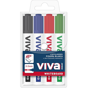 Molin Viva Pack de 4 Rotuladores para Pizarra Blanca - Punta Redonda de Fibra Sintetica - Trazo 3mm - Tinta con Base de Alcohol - Colores Surtidos