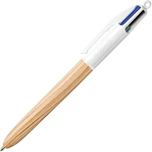 Bic 4 Colours Wood Style Boligrafo de Bola Retractil - Punta Media de 1.0mm - Tinta con Base de Aceite - Diseño Madera - 4 Colores