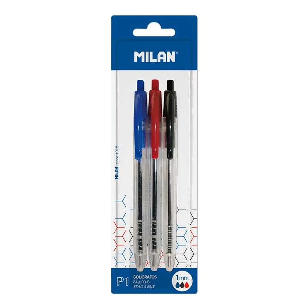 Milan P1 Pack de 3 Boligrafos de Bola Retractiles - Punta Redonda 1mm - Cuerpo Transparente - Color Azul, Negro y Rojo 1