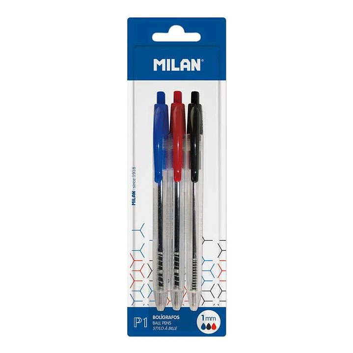 Milan P1 Pack de 3 Boligrafos de Bola Retractiles - Punta Redonda 1mm - Cuerpo Transparente - Color Azul, Negro y Rojo 1