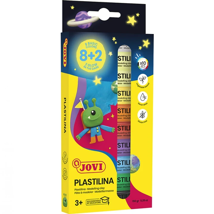 Jovi Pack con 10 Barras de Plastilina 15gr - 8 Colores Basicos + 2 Fluorescentes - Muy Moldeable - No se Seca - Colores Surtidos 1