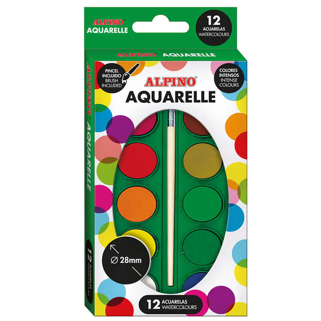 Alpino Pack de 12 Acuarelas - 28mm Diametro - Colores Intensos - Incluye Pincel - Colores Surtidos 1