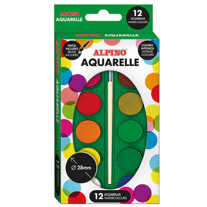 Alpino Pack de 12 Acuarelas - 28mm Diametro - Colores Intensos - Incluye Pincel - Colores Surtidos 1
