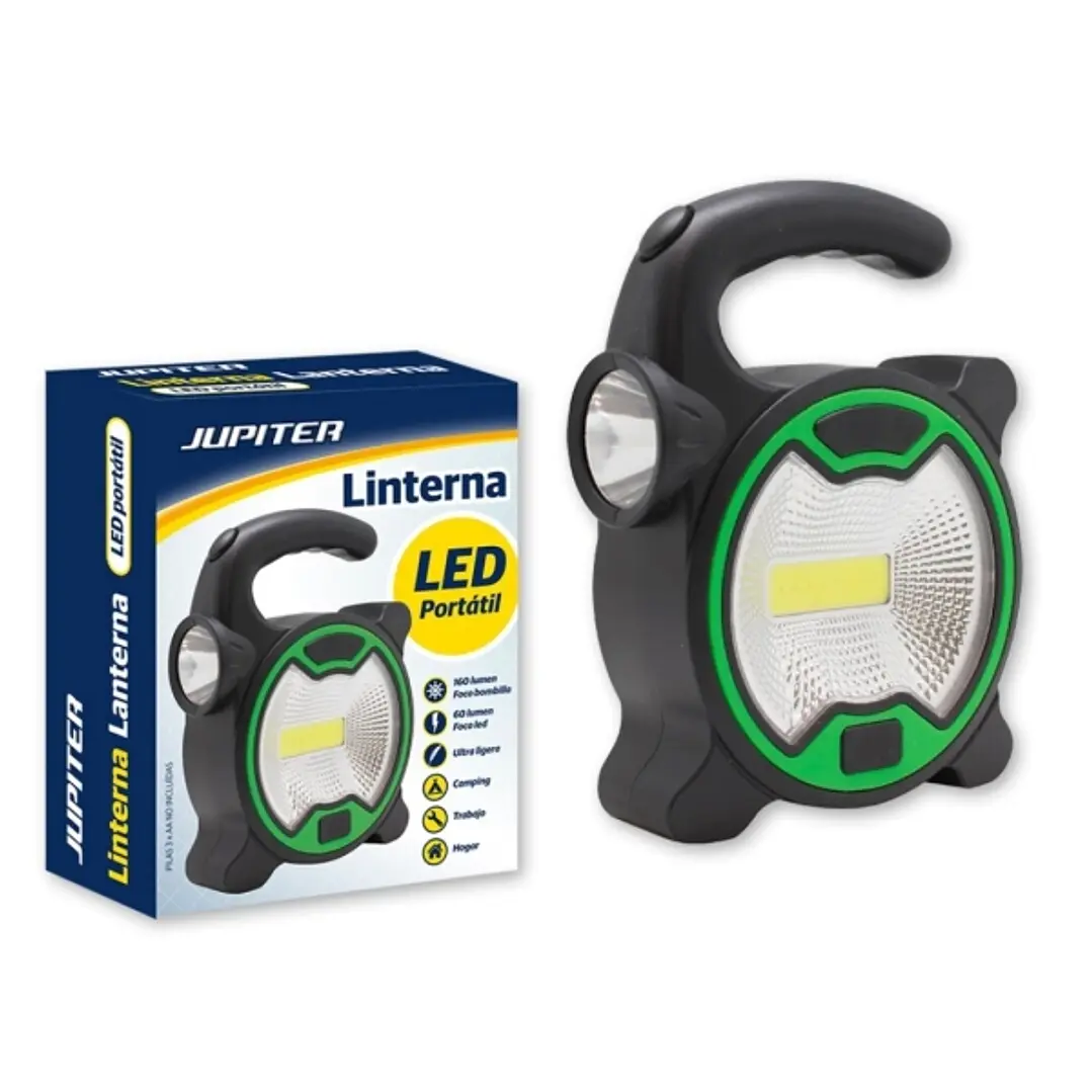 Jupiter Linterna COB+1 LED - Foco Bombilla 160lm, Foco LED 60lm - Funciona con 3 Pilas AA (No Incluidas) - Color Negro/Verde 1