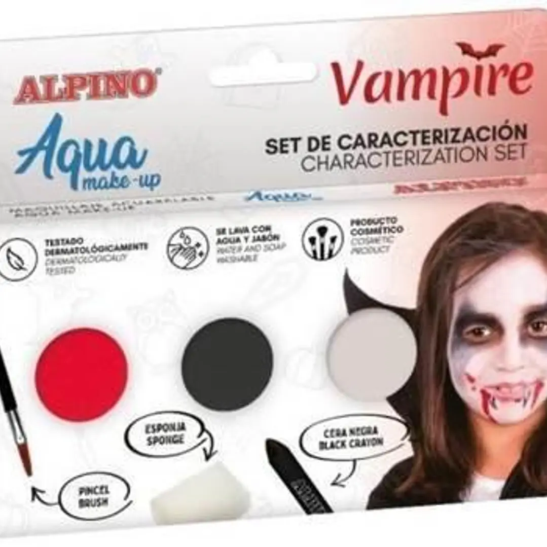 Alpino Aqua Make Up Set de Caracterizacion de Vampiros - 3 Polveras + Cera Negra + Pincel + Esponja 1