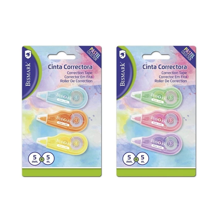 Bismark Mini Pastel Pack de 3 Cintas Correctoras 5mmx5m - Perfecta Adherencia al Papel - Presentacion en Blister - Cuerpo de Colores Pastel Surtidos 1