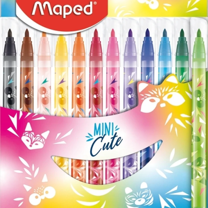 Maped Jungle Mini Cute Pack de 12 Rotuladores con Punta Media Bloqueada 2.8mm - Tinta Lavable - Colores Surtidos 1