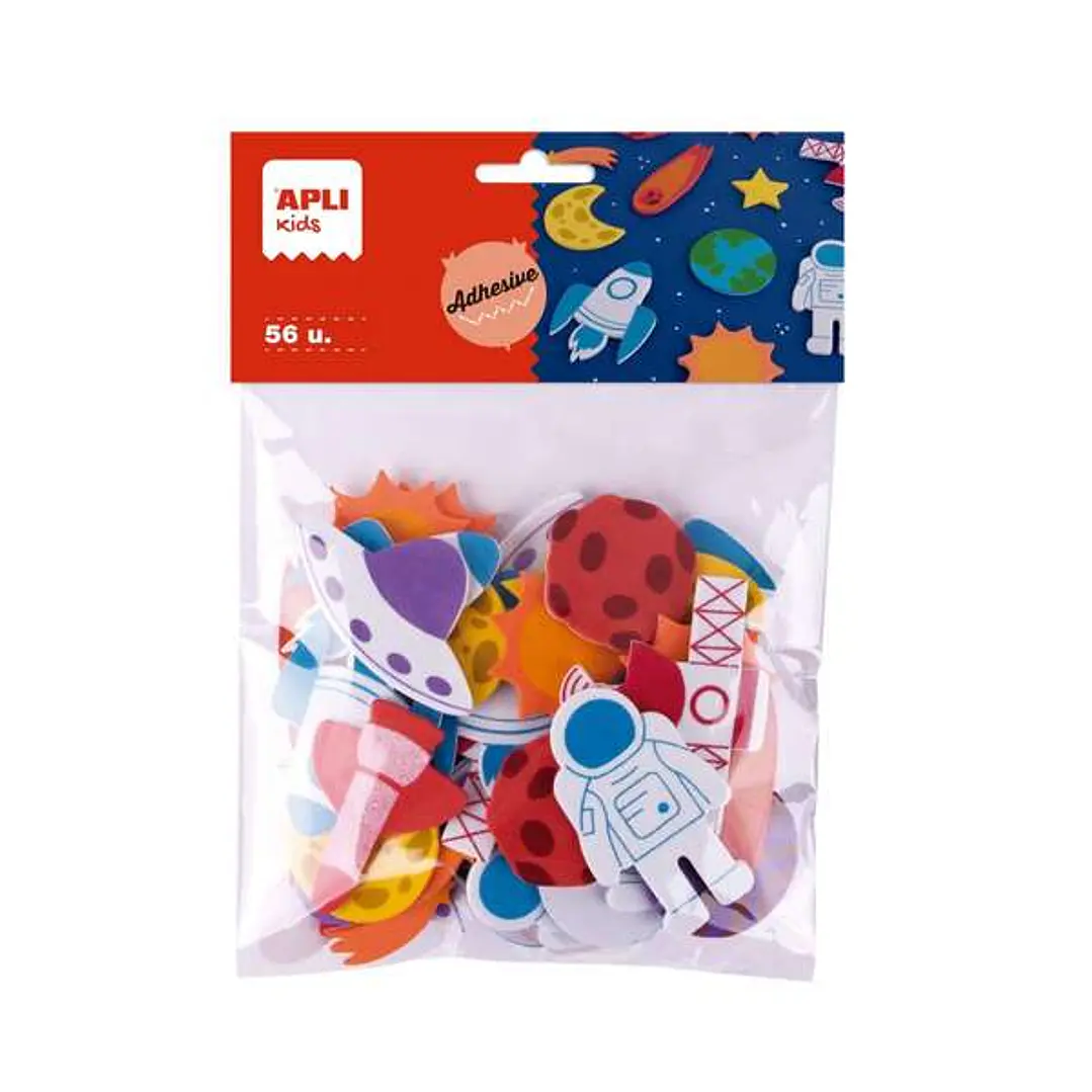 Apli Kids Bolsa de 56 Formas de Goma EVA Adhesivas Tematica Espacio - 14 Diseños Diferentes - Medidas de 3 a 6cm - Colores Surtidos 1