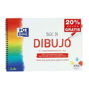Oxford Bloc de Dibujo Escolar Espiral Formato A4+ Liso - 20 Hojas Microperforadas 130gr Color natural - Papel de Superfície Rugosa