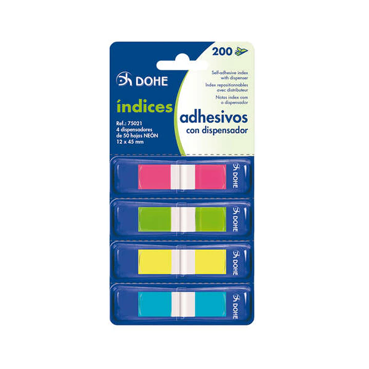 Dohe Pack de 4 Mini-Indices Adhesivos Reposicionables de 50uds cada Uno - Medidas 12x45mm - Dispensador con 4 Colores - Ideal para Oficina y Escuela - 1
