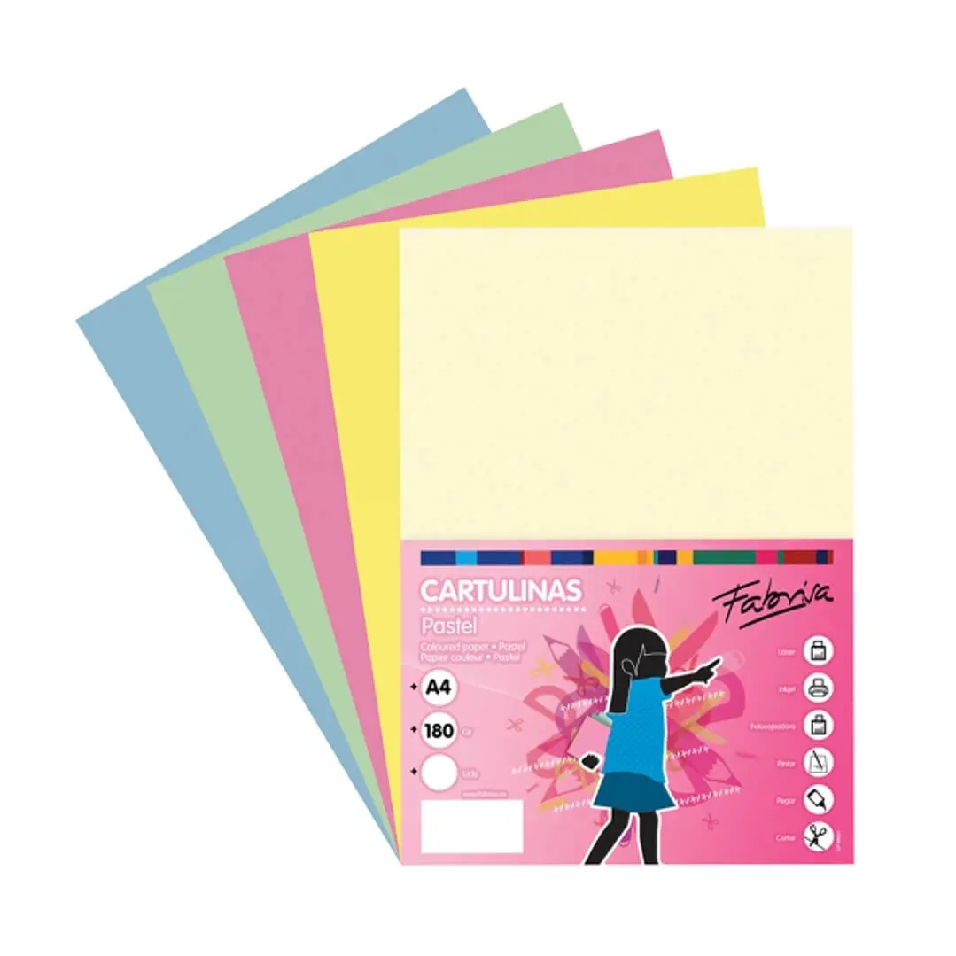 Fabrisa Pack de 50 Cartulinas 180 g/m² - Tamaño A4 - Colores Pastel Surtidos 1