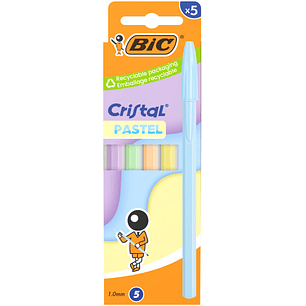 Bic Cristal Pastel Pack con 5 Boligrafos de Bola - Cuerpo Opaco en Colores Pastel - Punta redonda de 1mm - Trazo 0.4mm - Tinta con Base de Aceite - Co