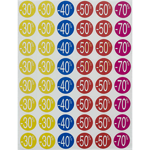 Apli Pack de 240 Etiquetas de Descuento -30%, -40%, -50%, -70% - Tamaño Ø 24mm - Forma Redonda - Colores Amarillo, Azul, Rojo y Fucsia